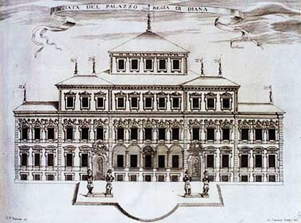 Venaria Reale, Prima facciata dell'ingresso e Cortile dell'Orologio. Incisione di G. Tasnière su disegno di G.B. Brambilla, in Amedeo di Castellamonte 'La Venaria Reale Palazzo di Piacere di Caccia', Torino 1674.