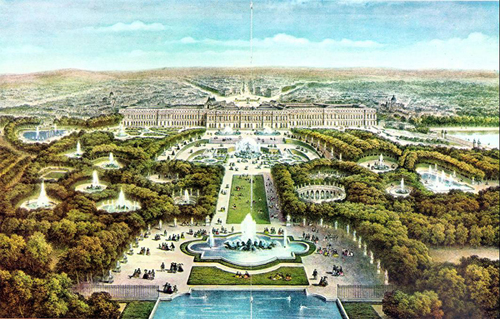 La reggia di Versailles in una veduta del XVIII secolo La reggia di Versailles in una veduta del XVIII secolo