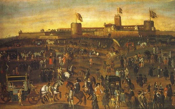 Carnevale Ambrosiano nel Seicento, sullo sfondo il Castello Sforzesco Carnevale Ambrosiano nel Seicento, sullo sfondo il Castello Sforzesco