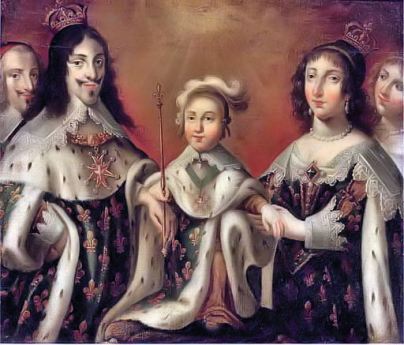 Luigi XIII con il figlio, il futuro Luigi XIV, e la moglie Anna d'Austria. In secondo piano sono visibili il cardinale Richelieu e la duchessa di Chevreuse